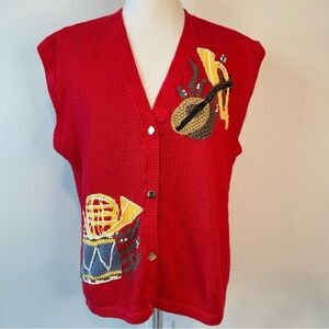 Orvis Vintage Red Knit Christmas Novelty Whimsy Vest Musical Instruments, Large
